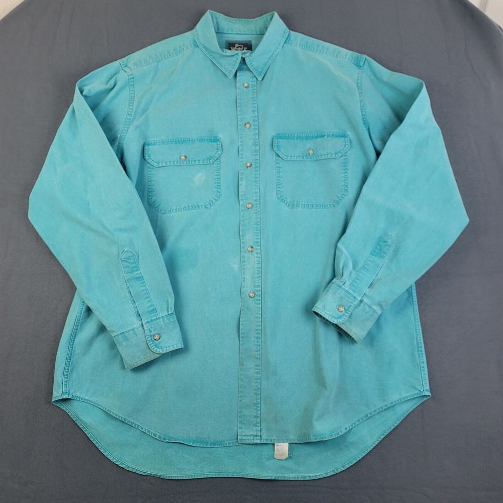 Vtg Woolrich Green Heavy Cotton Long Sleeve Shirt Men XL Long USA Flaws See Pics